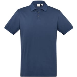 A navy blue men's short sleeve polo shirt with a collar and three buttons, featuring a logo on the chest.