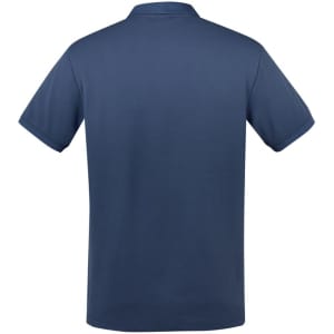 A navy blue short sleeve polo shirt with a classic collar and a logo on the back.