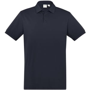 A navy short sleeve polo shirt with a collar, featuring three buttons and a logo on the chest.
