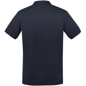 A dark navy men's short sleeve polo shirt with a classic collar and a logo on the side.