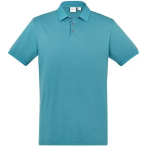 A teal short sleeve polo shirt featuring a classic collar and a button placket, with a logo on the chest.