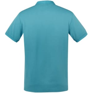 A teal men's short sleeve polo shirt featuring a classic design and a logo on the neckline.