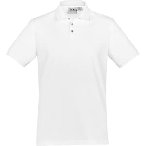 A white short sleeve polo shirt with a three-button placket and a small logo on the chest.