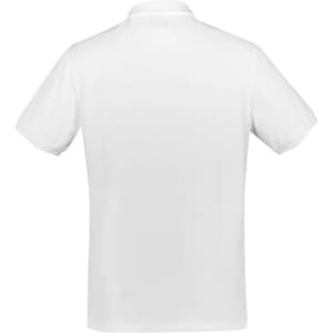 A white short sleeve polo shirt featuring a collar and a small logo on the back.