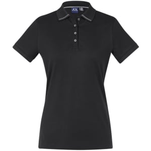 A black women's short sleeve polo shirt with a collar and a logo. It features button detailing and contrasting trim.