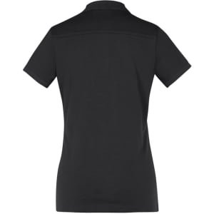 A black women's short sleeve polo shirt with a classic collar and a branded logo.
