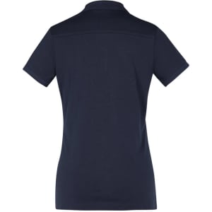 A navy women's short sleeve polo shirt with a classic collar, featuring a logo on the front.