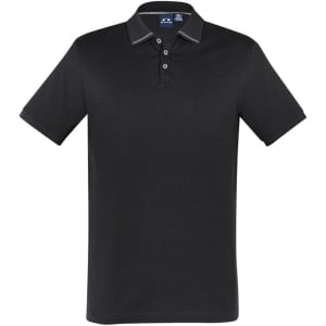 A black short sleeve polo shirt with a contrasting collar and a logo on the chest.
