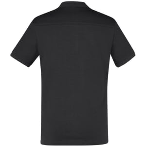 A black short sleeve polo shirt featuring a simple design and a logo on the front.