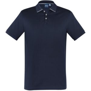 A navy blue short sleeve polo shirt with a collar and three buttons, featuring a logo on the chest.