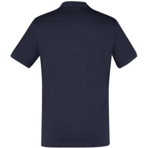 A navy blue short sleeve polo shirt featuring a collar and a logo.