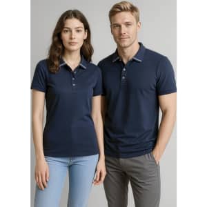 A navy blue short sleeve polo shirt for men and women, featuring a collar and buttons, with a branding logo.