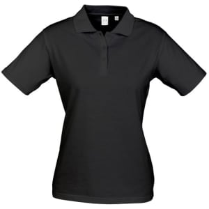 A women's short sleeve polo shirt in black, featuring a classic collar and a logo.