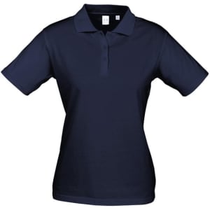 A women's navy short sleeve polo shirt featuring a classic collar and a logo.