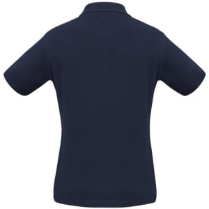 A navy short sleeve polo shirt with a classic collar and a logo at the neck.