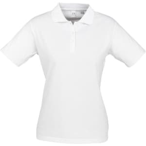 A white short sleeve polo shirt for women, featuring a classic collar and a logo on the chest.