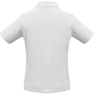 A white women's short sleeve polo shirt, featuring a classic collar and a logo on the back.