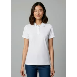 A white women's short sleeve polo shirt with a collar, featuring a logo on the chest.