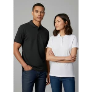 A black and a white short sleeve polo shirt worn by a male and female model, featuring branding on the shirts.