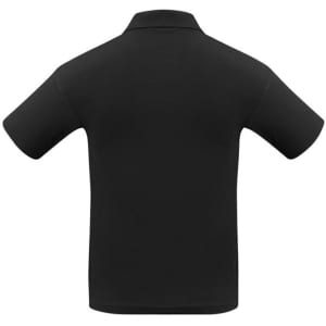 A black short sleeve polo shirt featuring a collar and a logo on the side.