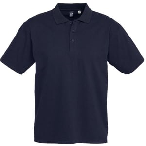 A navy short sleeve polo shirt with a collar and three buttons, featuring a logo.