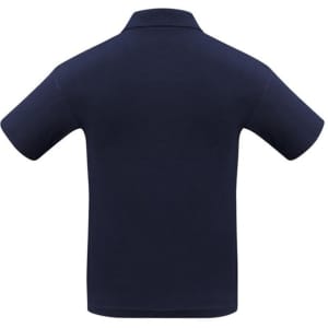 A navy blue men's short sleeve polo shirt featuring a back view and a subtle logo.