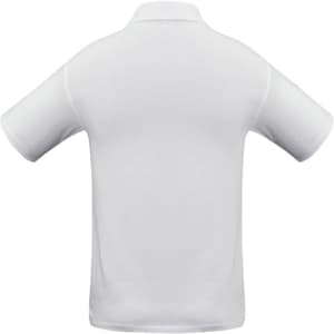 A white short sleeve polo shirt with a collar and a logo on the back.