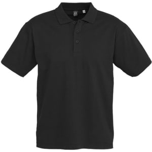 A black short sleeve polo shirt with a collar and a logo.