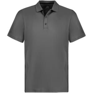 A grey short sleeve polo shirt with a collar and branding on the sleeve.