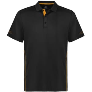 A black polo shirt with yellow accents and a logo, featuring short sleeves and a classic collar.