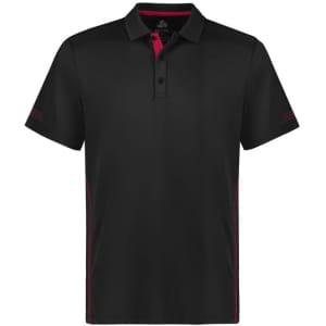 A black short sleeve polo shirt with red detailing and a logo. Features a classic collar and a straight-cut design.