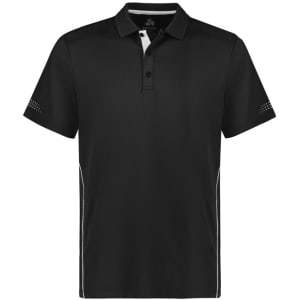 A black short sleeve polo shirt featuring a collar, buttons, and a logo. It has white accents on the sides and sleeves.