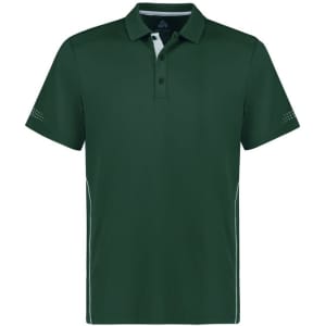 A green kids' short sleeve polo shirt with a branding logo and contrasting details along the sides.