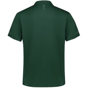 A green short sleeve polo shirt with a logo and decorative detailing on the sleeves and back.