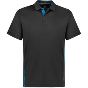 A black short sleeve polo shirt with blue accents and a logo on the chest. Suitable for kids.