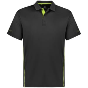 A black polo shirt with green accents and a logo, featuring short sleeves and a collared neckline.