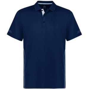 A navy blue kids' polo shirt with short sleeves, featuring a collar and a logo on the left side.