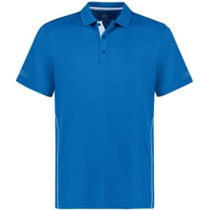 A blue short sleeve polo shirt featuring a collar and a logo. It has contrasting details along the sides.