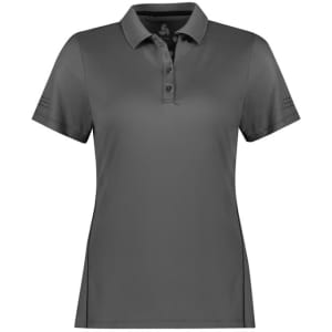 A women's short sleeve polo shirt in dark grey with a logo on the chest and subtle detailing on the sleeves.