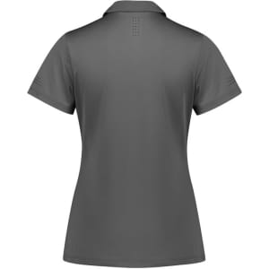 A grey women's short sleeve polo shirt with a back design featuring a logo and perforated detailing on the sleeves.