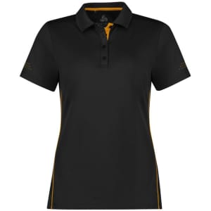 A black short sleeve polo shirt with yellow accents and a logo on the left side.