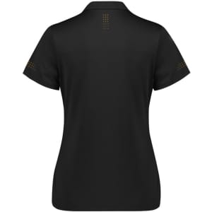 A black women's short sleeve polo shirt with a branded logo, featuring decorative detailing on the sleeves.