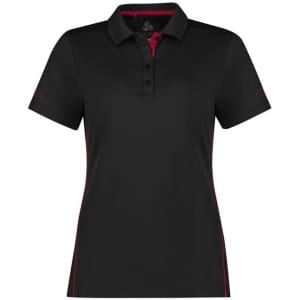 A women's short sleeve polo shirt in black with red accents, featuring a collar and a logo.