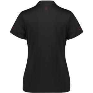 A black women's polo shirt with short sleeves, featuring a subtle logo and details on the back and sleeves.