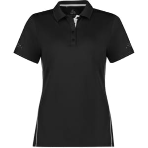 A black women's short sleeve polo shirt featuring a collar, button placket, and logo detail.