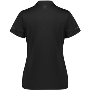 A black women's polo shirt with short sleeves and a logo, featuring a textured design on the back.