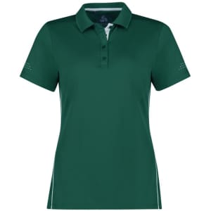 A green women's short sleeve polo shirt with a collar and side detailing, featuring a logo.