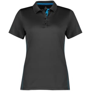 A women's short sleeve polo shirt in black with blue accents and a logo.