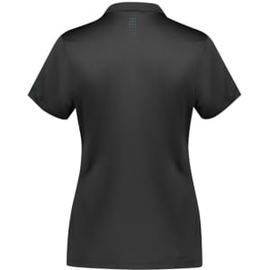 A women's short sleeve polo shirt in black, featuring a branded logo and a sleek design.