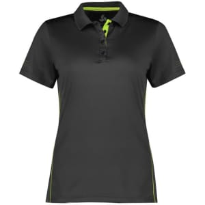A women's short sleeve polo shirt in black with green accents and a logo.